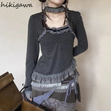 Tshirts for Women 2023 Ropa Mujer Long Sleeve Square Collar Patchwork Lace Tunic Tees Chic Irregular Vintage T-shirt Tops-Outfit