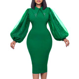 Women's Spring And Autumn Long-Sleeved Large-Size Bag Hip Nail-Bead Mesh Splicing Commuter Pencil Skirt