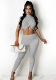 Sexy Stand Collar Short Sleeves Crop Top Solid Two Piece Pants