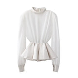 Black Pu Leather Blouse Ruffle High Waist Patchwork Knitted Lantern Sleeves Streetwear Blouses 2021 Fashion