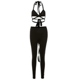Casual Sporty Set Woman 2 Pieces Halter Crop Top Camisole High Waist Pants Matching Sets Sexy Backless Solid Slim