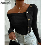 Sexy Women Buttons Patchwork White Knitted Jumper Sweaters Long Sleeve Off Shoulder Thin Skinny Autumn 2020 Basic