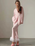 Women's 2Pieces Pajamas Underwear Set Plaid Turn Down Collar Long Sleeve Button Shirts+ Feather Pants Lounge Suits-Outfit
