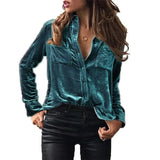 Autumn Pocket Shirt Long Sleeve Plain Satin Solid Single Breasted Women's Shirt Casual Pocket Patchwork Cardigan
