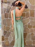 Women's Elegant Solid Long Maxi Dresses Halter Backless Sleeveless Suspender Dress Summer Sexy Street Casual Vestidos-Outfit