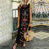 Style Women Casual Loose Dress Mysterious Pattern Printed Ladies Cotton Casual Linen Indian Maxi Dress Plus
