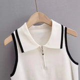 New Summer Lapel With Color Zipper Knitted Vest Shows The Navel Short Style Blouse.-Outfit