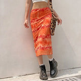 Summer Women Skirts Female High Waist Floral Printing Boho Beach Casual Style Orange Midi Skirt Party Holiday