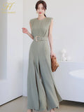 Han Queen Elegant Summe Business Jumpsuits Women O-Neck Split Wide Leg Trousers Long Playsuits Casual Work Wear Rompers-Outfit