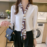 Long Sleeve Blouse Women Bow V-Neck Print Chiffon Blouse Shirt Tops Women Blusas Mujer De Moda 2021 Blouses Shirts