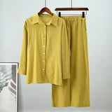 Linen Wide Leg Pants Set Two Piece Set Women Vintage Boho Maxi Shirt Autumn Holiday Loose Work Streetwear Y2k Outfits-Outfit