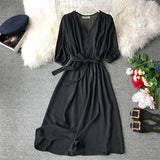 Spring New V Neck Summer Midi Long Dress Vestido De Festa Evening Party Bandage Women Casual Elegant High Waist