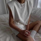 Casual Two Piece Set For Women O Neck Sleeveless Tops High Waist Short Pants Solid Sets Female Summer 2021