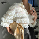 Spring Korean Ruffles Blouse Women Turn Down Collar Long Sleeve Tops Loose Heavy Work Cupcake Ol Shirt Feminino Blusas