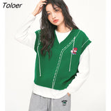 Women Knit Vest 2022 Autumn Sleeveless V Neck Loose Knitwear Hand Crochet Tiger Pattern