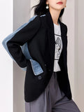 Women's Blazer Notched Collar Patchwork Denim Double Breasted Panelled Elegant Suit Jackets 2024 Summer New Fashion 29L3200-Outfit
