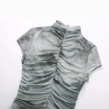New Silk Screen Printing Pleated Trim Blouse 3067054-Outfit
