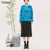 Women Sweaters 2022 Autumn Long Sleeves O Neck Loose Tops Graphic Print Blue Purple Casual Chic Knit
