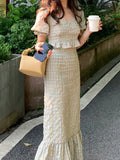 Plaid Chic Two Piece Sets Women Casual Ruffle Flounce Midi Skirt Sets Female Designer Wrap Slim Elegant Party Sets