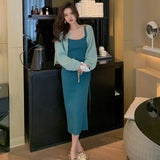 Long-sleeved Women Knitted Cardigan 2 Piece Set Sleeveless Backless Dress Elegant Crop Top Sweater Suits Fall