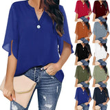 Toloer Women's Women's Short Sleeve Elegant Casual Solid Color V Collar Chiffon Shirt Chiffon