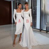Graduation party dress gift Simple Mermaid Wedding Dress Bacakless Long Sleeves Sweep Train 2022 Square Collar Bride Gowns Plus