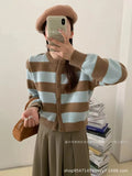 Korea Dongmen 2024 Autumn New Black-And-White Striped Cardigan High-Grade Woolen Sweater Women's Knitted Blouse-Outfit