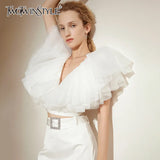 White Ruffle Shirt For Women V Neck Short Sleeve Patchwork Mesh Slim Blouses Female Summer Fashion Clothing