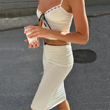 Women’s Elegant 2 Piece Summer Vintage Outfits Sleeveless Dots Print V-Neck Cami Tops + Low Waist Bow Long Skirt Set-Outfit