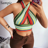 2021 Casual Summer Striped Sexy Halter Skinny Basic Crop Tops Night Club Streetwear Fashion Backless Tank Tops Mini
