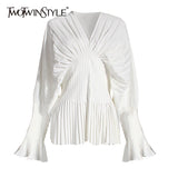 Causal Blouses For Female V Neck Flare Long Sleeve High Wiast Pleated Women Shirts Clothes Fashion 2022 Spring