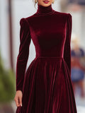 Women's Autumn And Winter Gold Velvet High Collar Bubble Sleeves To Close The Waist Big Dress Elegant Long