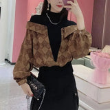 Fake Two Pieces Spliced Blouse Female Clothing Korean Half High Collar Loose Spring Autumn Commute Plaid Printed