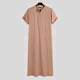 Men Muslim Kaftan Short Sleeve Solid Color O Neck Jubba Thobe Abaya Casual Dubai Saudi Arabia Islamic Men Robes