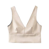 Women Sexy Fashion Deep V Neck Cropped Blouses Vintage Backless Zipper Wide Straps Female Shirts Blusas Chic