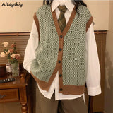 Sweater Vest Women Loose Sleeveless Outerwear Single Breasted V-neck Vintage Soft High Quality Korean Style Teens