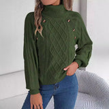 2025 Casual Solid Color Button Stung High-Collar Lantern Sleeve Sweater Women's