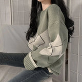 Argyle Sweaters Women Fashion Plaid Sweater Aesthetic Vintage Women Jumpers Autumn Winter Long Sleeve Pull Femme