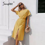 Party Cotton knotted straight women dress Casual O neck chic split dress Elegant green loose short sleeve ladies midi