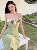 Flower Sexy Dress Elegant Party Midi Dresses Female Holiday Designer Chic Korean Fashion Casual Strap Dress Summer