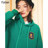 Women Sweatshirts with Hat Autumn Winter Long Sleeve O Neck Loose Pullovers Bear Print Cotton lined Chic Casual