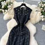 Light Luxury High-End Sleeveless Dress Female Summer Mesh Yarn Hollow Hook Open Fork Design Long