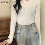 2023 Spring Autumn Knitted Sweater Women Korean Turn Down Collar Long Sleeve Pullover Woman Solid V Neck Jumper