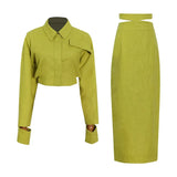 Slim Green Two Piece Set Women Lapel Long Sleeve Tops High Waist Midi Skirts Solid Sets Female Spring Clothing