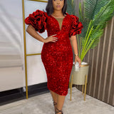 Sexy V-Neck Pile Sleeve Dress High-Waist V-Back Party Slit Dress Dresses