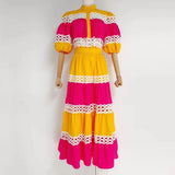 Loose Cut Out Two Piece Set Women Stand Collar Puff Sleeve Tops High Waist Midi Skirts Female Colorblock Sets