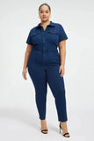 Down Collar One Piece Women Solid Short Sleeve Tight High Waist Overalls Slim Fit Casual Rompers 2023 Long Pants Jumpsuits-Outfit