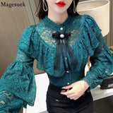 Fashion Lace Bottoming Women's Shirt Autumn Hollow Flower Ruffle Blouse Bow Beading Long Sleeve 6 Colors Blusas