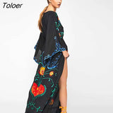 Embroidered Women Maxi Dress V-Neck Batwing Sleeve Loose Oversize Summer Dresses Drawstring Waist Boho Beach