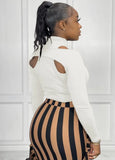 Hollow Out Tight Top and Stripes Fringe Long Skirt